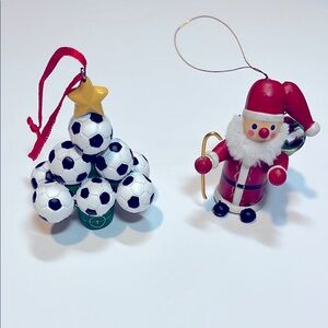 2 Christmas Ornaments Soccer Ball Tree Santa Vintage Holiday Decorations